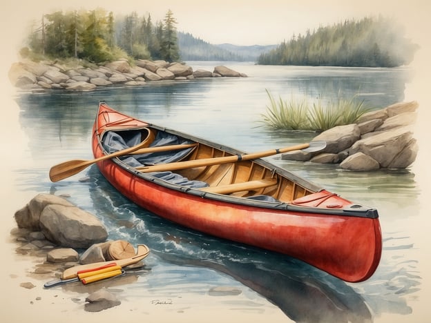 Auf dem Bild ist ein rotes Kanu zu sehen, das am Ufer eines ruhigen Gewässers angelegt ist. Neben dem Kanu liegen zwei Paddel. Im Hintergrund sind Felsen und Bäume zu sehen, die eine natürliche Umgebung schaffen.Für das Kanufahren sind die folgenden Ausrüstungsgegenstände wichtig:1. **Kanu:** Stabil und geeignet für die Wasserbedingungen.2. **Paddel:** Ein oder mehrere Paddel für die Fortbewegung.3. **Schwimmweste:** Sicherheit geht vor; sie sollte immer getragen werden.4. **Wasserdichte Tasche:** Für persönliche Gegenstände und Wertsachen.5. **Erste-Hilfe-Set:** Für Notfälle.6. **Wasserbehälter:** Ausreichend Wasser für die Hydration.7. **Sonnencreme und Hut:** Schutz vor UV-Strahlen.Diese Ausrüstung sorgt für ein sicheres und angenehmes Kanufahr-Erlebnis.