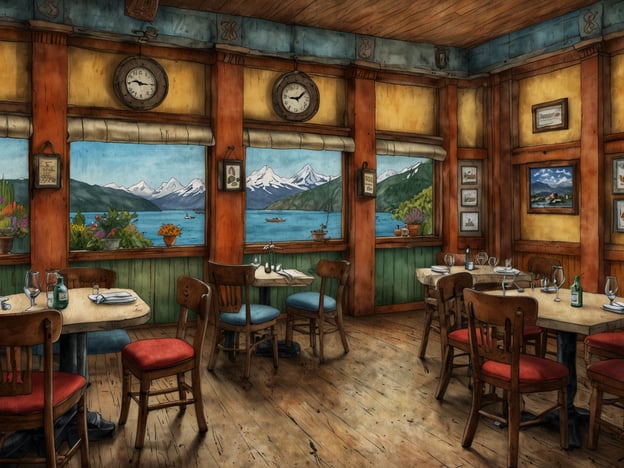 Auf dem Bild ist ein einladendes Restaurant mit Blick auf einen malerischen See und schneebedeckte Berge zu sehen. Die Kulisse erinnert an die natürliche Pracht von Puerto Varas, wo kulinarische Genüsse oft stark von der Umgebung geprägt sind.In Puerto Varas kann man regionale Spezialitäten wie frischen Fisch aus dem Lago Llanquihue, exquisiten Lammbraten und köstliche lokale Weine genießen. Die Atmosphäre in diesem Restaurant scheint perfekt zu sein, um die Aromen der chilenischen Küche zusammen mit einem atemberaubenden Ausblick zu erleben. Auch Gerichte mit traditionellen Zutaten und Aromen der Region tragen zu einem unvergesslichen kulinarischen Erlebnis bei.