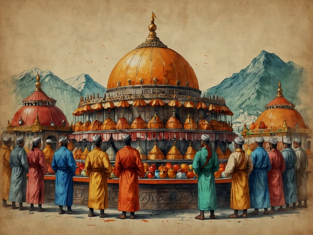 Das Bild zeigt eine farbenfrohe Szene, in der eine Gruppe von Menschen vor einem kunstvoll gestalteten Bauwerk steht, das mit einer goldenen Kuppel und verschiedenen Zeltstrukturen geschmückt ist. Die Umgebung scheint von Bergen geprägt zu sein, was auf eine kulturelle Bedeutung hinweist.Solch eine Darstellung könnte auf traditionelle Festlichkeiten aus bestimmten Kulturen hinweisen, beispielsweise auf das Fest des Lichts, das in vielen Kulturen gefeiert wird. Es könnte sich um eine Zeremonie oder ein Fest handeln, bei dem Früchte, insbesondere Äpfel oder Granatäpfel, eine wichtige Rolle spielen. Solche Veranstaltungen sind häufig mit symbolischen Ritualen verbunden, die Gemeinschaft, Wohlstand und Fruchtbarkeit feiern.In vielen Kulturen gibt es ähnliche Festlichkeiten, bei denen das Zusammenkommen von Menschen und die Wertschätzung der Ernte eine zentrale Rolle spielen. Diese Art von Ereignis fördert nicht nur den Gemeinschaftsgeist, sondern auch das kulturelle Erbe und die Traditionen.