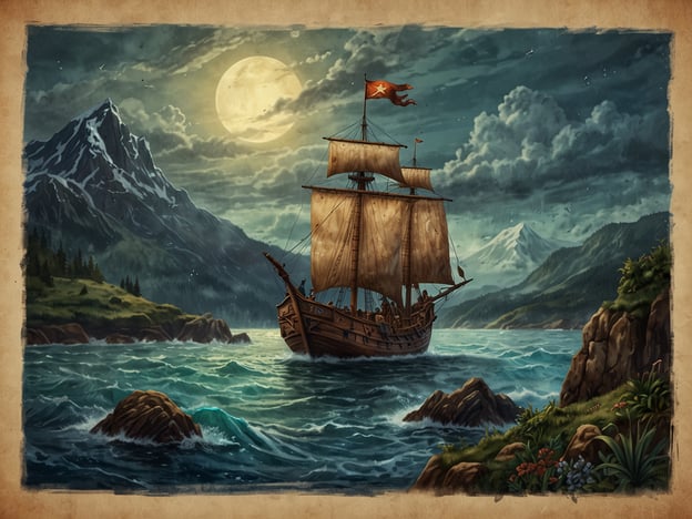 Auf dem Bild ist ein stolzes, seefahrendes Schiff zu sehen, das in stürmischen Gewässern segelt, während der Mond hell scheint. Dies könnte an die mystischen Erzählungen und Legenden von Chiloé erinnern, wo der Ozean von vielen Mythen durchzogen ist.Eine der bekanntesten Figuren aus der chiloéischen Mythologie ist „La Pincoya“, ein Meereswesen, das über den Fischreichtum der Gewässer wacht. Man sagt, dass sie, wenn sie tanzt und ihre Haare in das Wasser wirft, den Fischfang segnet. Im Gegensatz dazu kann ihr Zorn in Form von Stürmen und Mangel an Fischen sichtbar werden.Die Berge im Hintergrund könnten an die geheimnisvolle Schönheit von Chiloé erinnern, die oft mit Geschichten von geheimnisvollen Wesen und den Geistern der Vorfahren verbunden wird. Die Einheimischen erzählen von „El Caleuche“, einem Geisterschiff, das durch die Gewässer segelt und Seelen aufnimmt, die nicht in Frieden ruhen können.Ob das Schiff im Bild eines der legendenumwobenen Schiffe ist, bleibt ungewiss, doch es ist klar, dass es in dieser Region viele Geschichten gibt, die mit den Weiten des Ozeans und den Geheimnissen dieser legendären Insel verbunden sind.