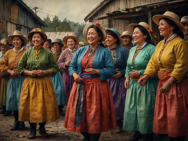 Auf dem Bild sind mehrere Frauen in traditionellen, bunten Trachten zu sehen. Diese Art der Kleidung ist typisch für die Kultur von Chiloé, einer Inselgruppe in Chile, die reich an Traditionen und Festen ist.Ein Beispiel für ein wichtiges Fest auf Chiloé ist das „Fiesta de la Candelaria“, wo die Dorfbewohner zusammenkommen, um religiöse Prozessionen und kulturelle Aufführungen zu feiern. Auch das „Minga“-Fest ist bedeutend, bei dem Gemeinschaftsarbeit und familiäre Bindungen gefeiert werden. Die fröhlichen Gesichter der Frauen auf dem Bild spiegeln die Freude und den Gemeinschaftsgeist wider, die bei diesen Festen spürbar sind.