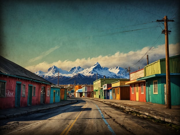Auf dem Bild ist eine Straße in einer Stadt mit bunten Häusern zu sehen, die von beeindruckenden Bergen mit Schnee auf den Spitzen umgeben ist. Diese lebendige Kulisse bietet einen perfekten Ausgangspunkt für Abenteuer in Patagonien, besonders von Punta Arenas aus.Punta Arenas liegt in der Nähe der Magellanstraße und dient oft als Tor zu vielen Patagonien-Erlebnissen, darunter Wanderungen im Torres del Paine Nationalpark, Bootsfahrten zu den Gletschern und Tierbeobachtungen der einzigartigen Flora und Fauna der Region. Die Kombination aus einer charmanten Stadt und der majestätischen Natur macht diese Gegend besonders reizvoll für Abenteurer und Naturfreunde.