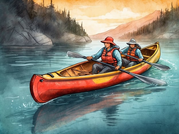 Auf dem Bild sind zwei Personen in einem roten Kanu zu sehen, die auf ruhigem Wasser paddeln. Im Hintergrund sind Berge und Bäume zu erkennen.Hier sind einige Sicherheitstipps für das Kanufahren:1. **Schwimmweste tragen**: Tragen Sie immer eine Schwimmweste, auch wenn Sie ein erfahrener Schwimmer sind. Sie erhöht die Sicherheit erheblich.2. **Informieren Sie sich über die Wasserbedingungen**: Prüfen Sie die Wettervorhersage und die Wasserstände, bevor Sie losfahren.3. **Notfallausrüstung dabei haben**: Nehmen Sie ein Erste-Hilfe-Set, Wasser, Nahrung und ein Kommunikationsmittel (z. B. Handy oder Funkgerät) mit.4. **Kanu-Partner**: Kanufahren in Gruppen oder mit einem Partner erhöht die Sicherheit.5. **Paddeltechnik üben**: Vertrautheit mit der Paddeltechnik verbessert die Kontrolle und Stabilität im Kanu.6. **Achten Sie auf Hindernisse**: Halten Sie Ausschau nach Felsen, Bäumen oder anderen Hindernissen im Wasser.7. **Bleiben Sie immer im Kanu**: Vermeiden Sie es, sich zu weit über den Rand zu lehnen oder auf den Kanten zu stehen, um Kentern zu vermeiden.