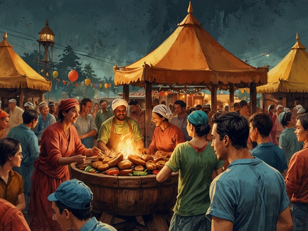 Auf dem Bild ist eine belebte Marktszene zu sehen, die von festlicher Stimmung geprägt ist. Menschen aus verschiedenen Altersgruppen sammeln sich um einen großen Tisch mit einer Kochstelle in der Mitte, an der köstliche Speisen zubereitet werden. Der Anblick von frischen Lebensmitteln und das Lächeln der Köche weisen auf ein Fest oder ein traditionelles Marktgeschehen hin, das oft in vielen Kulturen gefeiert wird.Solche Märkte sind nicht nur Orte des Handels, sondern auch der sozialen Interaktion. In vielen Regionen haben sie eine lange Tradition, bei der die Gemeinschaft zusammenkommt, um lokale Spezialitäten zu genießen, Handwerkskunst zu bewundern und neue Bekanntschaften zu schließen. Die festlich dekorierten Stände und bunten Ballons schaffen eine einladende Atmosphäre, die typischerweise für regionale Feste oder Erntefeste charakteristisch ist.Das Bild vermittelt ein Gefühl von Zusammengehörigkeit und der Wertschätzung für kulinarische Traditionen, die oft von Generation zu Generation weitergegeben werden.