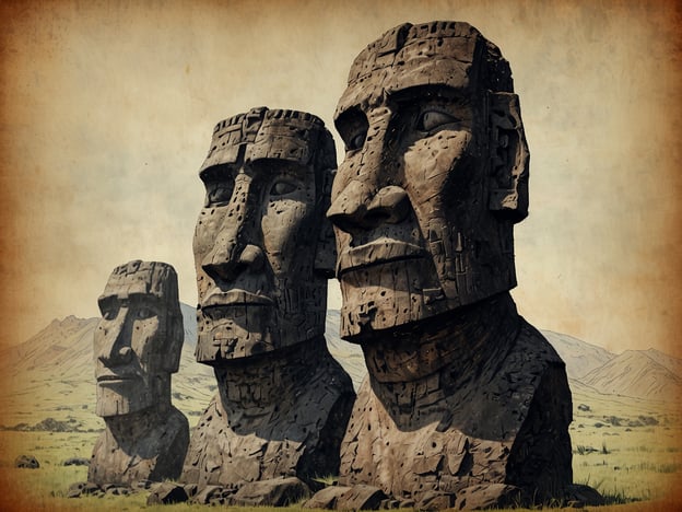 Auf dem Bild sind mehrere Moai-Statuen zu sehen, die charakteristischen Steinskulpturen der Osterinsel (Rapa Nui). Die Moai sind bekannt für ihre großen Köpfe und den monumentalen Körper, die auf den erhöhten Plattformen, den Ahu, stehen. Diese Statuen wurden aus Tuffstein aus dem Vulkangebiet der Insel gefertigt und entstanden zwischen 1400 und 1650 nach Christus.Die Ursprünge der Moai liegen in der kultischen Verehrung der Vorfahren sowie der Repräsentation von wichtigen Ahnen. Man nimmt an, dass die Statuen die Macht und den Status der Familie symbolisieren sollten, die sie in Auftrag gab. Die Moai sind heute sowohl ein kulturelles Erbe als auch ein bedeutendes touristisches Ziel.