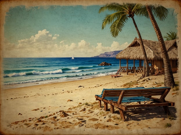 Auf dem Bild ist eine malerische Strandszene zu sehen, die Ruhe und Entspannung ausstrahlt. Der feine Sandstrand erstreckt sich bis zum glitzernden Meer, auf dem ein segelndes Boot verläuft. Im Hintergrund stehen eine Hütte mit Strohdach und Palmen, die dem Bild eine tropische Atmosphäre verleihen.Wenn man in der Umgebung von Viña del Mar ist, könnte man ähnliche Strände wie Playa Renaca oder Playa Acapulco besuchen, wo man ebenfalls entspannen oder Wassersport betreiben kann. Ein Ausflug nach Valparaíso, mit seinen bunten Häusern und dem Hafen, bietet zudem einen kulturellen Kontrast zur entspannten Strandatmosphäre. Auch der botanische Garten von Viña del Mar ist eine schöne Abwechslung, um die einheimische Flora zu genießen.