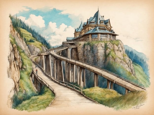 Auf dem Bild ist eine beeindruckende Aussicht zu sehen: Ein prachtvolles Gebäude steht auf einem Felsen, umgeben von einer malerischen Landschaft. Die Architektur ist prächtig und erinnert an vergangene Zeiten. Eine kurvenreiche Holzplattform führt zum Gebäude und schmiegt sich elegant an das Terrain, während im Hintergrund sanfte Hügel und ein blauer Himmel zu sehen sind.In der Geschichte der Rodelbahn könnte dieser Ort als Ausgangspunkt für aufregende Rodelabenteuer dienen, wo Mutige den Hang hinunterflitzen, um die Schönheit der Natur in vollen Zügen zu genießen. Der Blick vom Gebäude könnte den Nervenkitzel dieser Erlebnisse noch verstärken, wenn die Rodelbahn sich geschwind den Hang hinunter schlängelt.