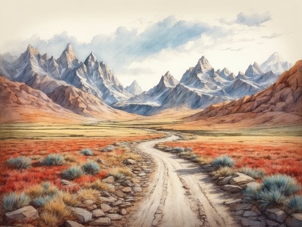 Auf dem Bild ist eine malerische Landschaft mit einer kurvenreichen Straße zu sehen, die durch ein weitläufiges Tal führt. Im Hintergrund erheben sich majestätische Berge, deren Gipfel teilweise schneebedeckt sind. Die Vegetation im Vordergrund ist in leuchtenden Rottönen und sanften Grüntönen gehalten, was einen starken Kontrast zum kargen, felsigen Terrain der Berge bildet.**Die Strecke und ihre Herausforderungen**: Die kurvenreiche Straße deutet darauf hin, dass die Reise durch unwegsames Gelände führt, was sowohl physische als auch mentale Herausforderungen mit sich bringt. Die Höhe und das wechselhafte Wetter der Berge können die Bedingungen erschweren, während die trockene und unebene Oberfläche der Straße zusätzliche Aufmerksamkeit beim Fahren erfordert. Außerdem könnte die Abgeschiedenheit der Umgebung die Wichtigkeit der Planung und Vorbereitung für Reisende verdeutlichen.