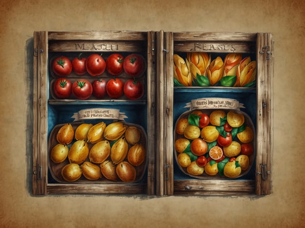 Auf dem Bild sind verschiedene Früchte in einem rustikalen Holzregal angeordnet, was auf eine Verbindung zur lokalen Kultur und kulinarischen Entdeckungen hindeutet. Auf der linken Seite sehen wir eine Auswahl an Tomaten und eine Art von gelben Früchten, möglicherweise Birnen. Dies könnte auf die Bedeutung von frischem Gemüse und Obst in der mexikanischen Küche hinweisen, wo Tomaten eine zentrale Rolle in vielen Gerichten spielen.Auf der rechten Seite finden sich verschiedene Zitrusfrüchte, darunter Orangen und kleine mandarinenartige Früchte, die in der traditionellen Küche Mexikos weit verbreitet sind. Die Verwendung solcher Früchte zeigt nicht nur die regionale Landwirtschaft, sondern auch deren Einfluss auf die lokale Gastronomie, sei es in erfrischenden Getränken oder in süßen und herzhaften Speisen.Das Bild vermittelt so ein Gefühl für die Vielfalt lokaler Produkte und die Freude an frischen Zutaten, die in der mexikanischen Kulinarik geschätzt werden.
