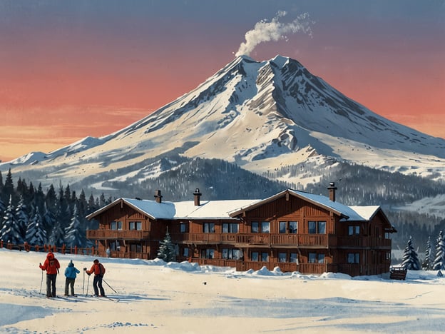 Auf dem Bild ist eine malerische Wintersportlandschaft am Vulkan Villarrica zu sehen. Im Vordergrund stehen mehrere Personen mit Skiausrüstung, die bereit sind, die verschneiten Pisten zu erkunden. Der imposante Vulkan im Hintergrund ist teilweise schneebedeckt und raucht leicht, was auf seine aktive Natur hinweist. Die Szenerie ist von einem warmen Sonnenuntergang beleuchtet, der eine schöne Atmosphäre schafft.Die Region rund um Villarrica bietet zahlreiche Wintersport-Highlights, darunter Skifahren, Snowboarden und Langlaufen. Skigebiete wie der Ski Resort Pucón sind bei Wintersportlern sehr beliebt und bieten gut präparierte Pisten sowie eine atemberaubende Aussicht auf den Vulkan und die Umgebung.