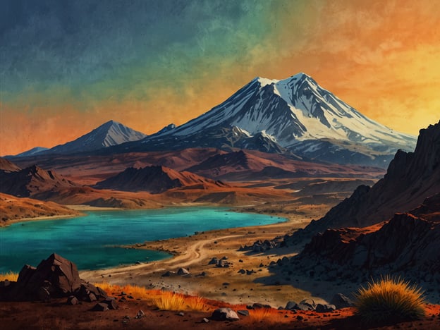 Auf dem Bild ist eine beeindruckende Landschaft mit einem majestätischen Vulkan im Hintergrund zu sehen. Umgeben von Hügeln und einem malerischen See, strahlt die Szene eine ruhige, doch kraftvolle Atmosphäre aus.Ein Wandererlebnis rund um den Vulkan könnte beinhalten, die unterschiedlichen Vegetationszonen zu erkunden und den atemberaubenden Ausblick auf den strahlenden See und die schneebedeckten Gipfel zu genießen. Der Weg führt durch abwechslungsreiche Landschaften, die von der vulkanischen Aktivität geprägt sind, während die Farbenspiele des Sonnenuntergangs eine zauberhafte Stimmung verbreiten. Es ist eine perfekte Gelegenheit, die Natur zu erleben und in die faszinierende Geologie und Flora dieser Region einzutauchen.