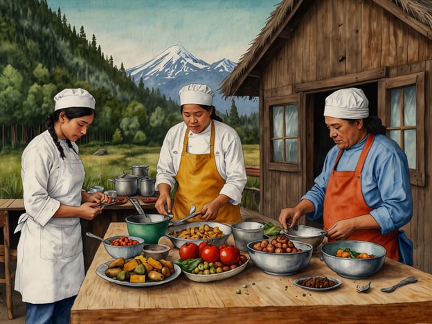 Auf dem Bild sind drei Köchinnen zu sehen, die in der Natur eine Vielzahl von frischen Lebensmitteln zubereiten. Die wunderschöne Landschaft mit Bergen im Hintergrund erinnert an die beeindruckende Kulisse von Pucón, wo die Andenkultur und lokale kulinarische Traditionen stark ausgeprägt sind.In Pucón gibt es viele kulturelle Erlebnisse, wie Kochkurse, bei denen man die Geheimnisse der chilenischen Küche lernen kann. Die Region ist bekannt für ihre frischen, regionalen Zutaten, und das gemeinsame Kochen fördert die lokale Gemeinschaft. Veranstaltungen wie Märkte bieten zudem die Möglichkeit, Produkte von Einheimischen zu kaufen und mehr über die traditionellen Zubereitungsmethoden zu erfahren.