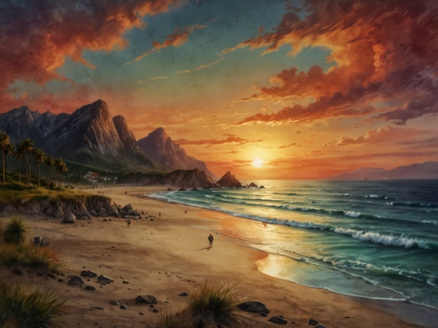 Auf dem Bild ist eine wunderschöne Landschaft zu sehen, die einen Strand bei Sonnenuntergang darstellt. Die sanften Wellen des Meeres brechen sich am Ufer, während der Himmel in lebhaften Farben leuchtet. Die umliegenden Berge bieten eine spektakuläre Kulisse für diesen idyllischen Ort.Aktivitäten, die man hier genießen könnte, sind Spaziergänge am Strand, Schwimmen im Meer oder einfach nur das Beobachten des Sonnenuntergangs. Die Palmen im Vordergrund verleihen der Szene einen tropischen Flair und laden zum Entspannen ein. Dies könnte ein beliebter Ort für Urlauber und Naturliebhaber sein.