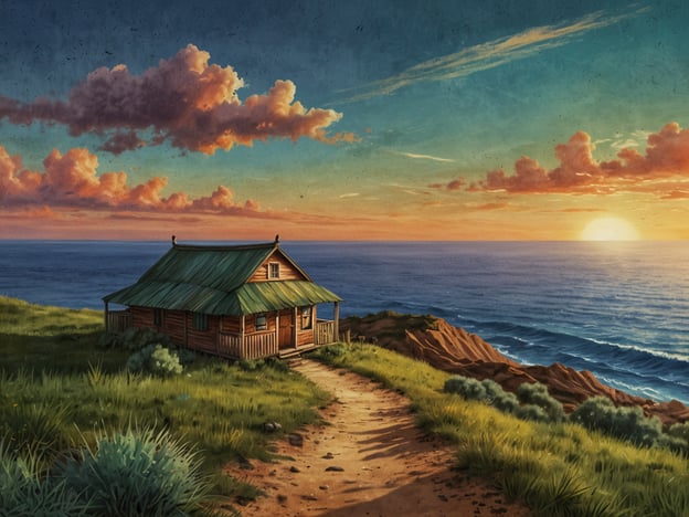 Auf dem Bild ist eine idyllische Küstenlandschaft mit einem kleinen Holzhaus zu sehen. Die Szenerie strahlt Ruhe und Frieden aus, besonders während des Sonnenuntergangs, der den Himmel in warmen Farbtönen erleuchtet.Hier sind einige Aktivitäten und Attraktionen, die zu diesem Setting passen:1. **Wanderungen**: Die Umgebung lädt zu schönen Spaziergängen entlang der Küste oder durch die grünen Wiesen ein.2. **Fotografie**: Der malerische Sonnenuntergang bietet perfekte Motive für Fotografen.3. **Angeln**: Die Nähe zum Meer macht das Angeln zu einer entspannenden Freizeitbeschäftigung.4. **Picknicks**: Ein gemütliches Picknick auf dem Rasen oder am Strand könnte ein schöner Plan sein.5. **Entspannung**: Einfaches Entspannen auf der Veranda des Hauses, um die Aussicht zu genießen.6. **Radfahren**: Die Wege rund um die Küste bieten tolle Möglichkeiten für Fahrradtouren.Diese Aktivitäten sprechen unterschiedliche Vorlieben an, von Abenteuer über Entspannung bis hin zu Naturgenuss.
