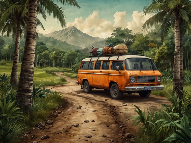 Auf dem Bild ist ein Orangefarbener Bus auf einem unbefestigten Weg inmitten einer üppigen, grünen Landschaft zu sehen. Um ihn herum befinden sich hohe Palmen und dichte Vegetation, während im Hintergrund ein Berg zu erkennen ist. Diese Szene vermittelt ein Gefühl von Abenteuer und Naturverbundenheit.Im Kontext von Nachhaltigkeit und Umweltschutz könnte man sagen, dass solche Reisen und die Erkundung der Natur wichtig sind, um ein Bewusstsein für unsere Umwelt zu schaffen. Die Landschaft lädt dazu ein, die Schönheit der Natur zu schätzen und gleichzeitig Verantwortung für ihren Schutz zu übernehmen. Es ist entscheidend, dass Reisende umweltfreundliche Praktiken anwenden, um die unberührte Natur zu bewahren und den ökologischen Fußabdruck zu minimieren.