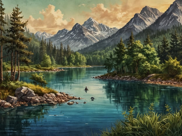 Auf dem Bild sieht man eine malerische Landschaft rund um einen klaren, ruhigen See, umgeben von majestätischen Bergen und dichten Wäldern. Das Wasser spiegelt die umliegende Natur wider, was eine friedliche Atmosphäre schafft.In der Umgebung könnten verschiedene Tiere leben, wie beispielsweise Fische, die im Wasser schwimmen, oder Vögel, die über den See fliegen. Die Bäume und Sträucher bieten Lebensraum für diverse Tierarten, während die Berge sicherstellen, dass das Gebiet reich an Flora und Fauna ist. Solch eine Kulisse lädt zum Erkunden der Tierwelt und zur Begegnung mit der Natur ein.