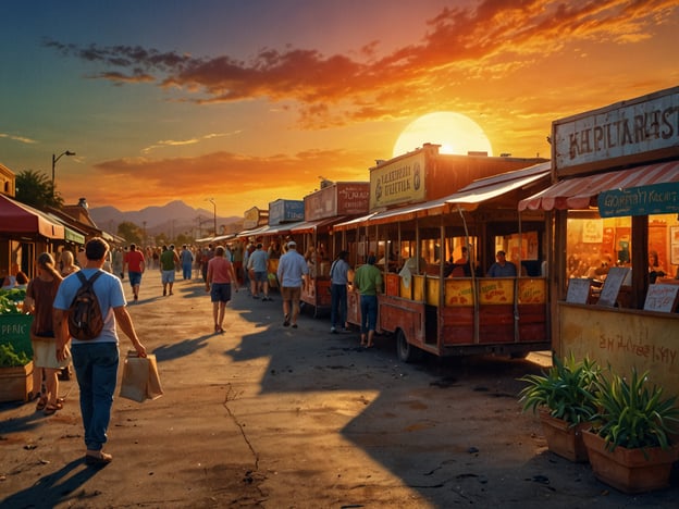 Auf dem Bild ist ein lebhafter Markt zu sehen, der von kleinen Ständen gesäumt ist. Die Verkäufer bieten wahrscheinlich frisches Obst und Gemüse sowie lokale Spezialitäten an. Die Szene spielt sich bei Sonnenuntergang ab, der eine warme, einladende Atmosphäre schafft.Die Menschen schlendern entspannt entlang der Stände, mit Einkaufstüten in den Händen, während sie die verschiedenen Angebote begutachten. Man könnte die Möglichkeit nutzen, die kulinarischen Köstlichkeiten zu probieren, mit lokalen Händlern ins Gespräch zu kommen oder einfach die bunte und lebendige Atmosphäre zu genießen. Es scheint ein perfekter Ort zu sein, um ein paar Stunden zu verbringen, zu stöbern und das gesellige Treiben zu erleben.