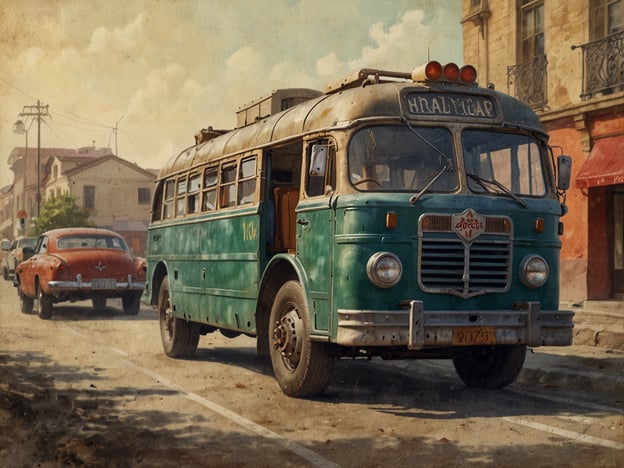 Auf dem Bild ist ein älterer, grüner Bus zu sehen, der auf einer Straße fährt. Neben dem Bus steht ein rotes Auto, und im Hintergrund sind mehrere Gebäude zu erkennen, die einen städtischen Charme ausstrahlen.### Anreise:Für eine Anreise zu einem ähnlichen Ort empfiehlt es sich, den öffentlichen Nahverkehr zu nutzen, da historische Busse oft in städtischen Bereichen verkehren. Überprüfen Sie die örtlichen Fahrpläne, um die besten Verbindungen zu finden.### Praktische Tipps:1. **Fahrkarten**: Stellen Sie sicher, dass Sie die richtigen Fahrkarten oder Tickets kaufen, da ältere Verkehrsmittel manchmal spezielle Tarife haben.2. **Reisezeiten**: Informieren Sie sich über die besten Reisezeiten, um Staus zu vermeiden.3. **Ausstattung**: Einige alte Busse können weniger komfortabel sein. Es ist ratsam, sich auf längere Fahrten und geringere Ausstattung einzustellen.4. **Sicherheit**: Achten Sie immer auf persönliche Gegenstände, insbesondere in stark frequentierten Bereichen.5. **Erkundung**: Nutzen Sie die Gelegenheit, die Umgebung zu erkunden, während Sie auf den Transport warten; oft gibt es interessante Geschäfte oder Cafés in der Nähe.