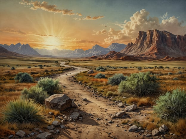 Auf dem Bild ist eine atemberaubende Landschaft zu sehen, die von einer sanften Hügelkette im Hintergrund dominiert wird. Die Sonne geht am Horizont auf und sorgt für ein warmes, goldenes Licht, das die Umgebung in ein schönes Farbspiel eintaucht.In der Vordergrundszene führt ein geschwungener Weg durch ein weites, offenes Gelände, das mit niedrigen Sträuchern und einzelnen Felsen bedeckt ist. Diese Szene könnte in einer ariden oder halbtrockenen Region angesiedelt sein, möglicherweise in den westernlichen USA oder in ähnlichen geologischen Formationen weltweit. Die Berge im Hintergrund, die durch Erosion geformt wurden, weisen charakteristische Klippen und abgestufte Felsen auf, die typisch für solche Landschaften sind.Die Aktivität, die man sich hier vorstellen könnte, ist eine Wanderung oder eine Erkundungstour durch die Natur. Das ruhige und friedliche Ambiente lädt dazu ein, die Schönheit und Weite der Landschaft zu genießen. Diese geologischen Merkmale, zusammen mit der malerischen Kulisse, könnten auch Hinweise auf frühere vulkanische Aktivitäten oder die Gestaltung durch Eiszeiten geben, die zur Schaffung dieser eindrucksvollen Landschaft geführt haben.