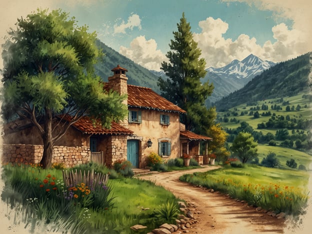 Auf dem Bild ist ein malerisches Landhaus zu sehen, umgeben von einer idyllischen Landschaft mit Bergen im Hintergrund und einer blühenden Wiese. Der Weg zum Haus ist von bunten Blumen gesäumt.Hier sind einige Tipps für einen unvergesslichen Besuch in solch einer ländlichen Umgebung:1. **Natur erkunden**: Nutze die Gelegenheit, die umliegenden Berge und Wälder zu erkunden. Wanderungen oder Fahrradtouren bieten atemberaubende Ausblicke.2. **Lokale Küche genießen**: Probiere regionale Spezialitäten in einem nahen Restaurant oder kaufe frische Produkte auf einem lokalen Markt.3. **Fotografie**: Halte die malerische Landschaft in Bildern fest. Die Vielfalt der Natur bietet viele schöne Motive.4. **Ruhezeiten**: Genieße Momente der Stille und Entspannung. Lies ein Buch oder meditiere in der Natur.5. **Kulturelle Erlebnisse**: Informiere dich über lokale Feste oder Veranstaltungen, um die Kultur und Traditionen der Gegend besser kennenzulernen.6. **Sonnenuntergang ansehen**: Suche dir einen guten Platz, um den Sonnenuntergang über den Bergen zu beobachten – ein unvergessliches Erlebnis!