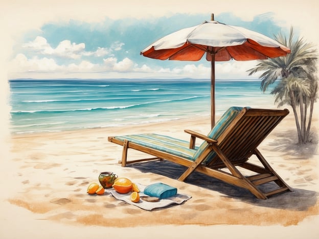 Auf dem Bild ist ein entspannender Strandbereich zu sehen. Ein Liegestuhl mit einer gestreiften Auflage steht unter einem roten Sonnenschirm. Neben dem Liegestuhl liegen einige Früchte und eine Decke. Die sanften Wellen des Meeres und die palmengesäumte Küste laden dazu ein, sich zu entspannen.Aktivitäten und Angebote, die zu diesem Setting passen, könnten sein:1. **Sonnenbaden**: Genießen Sie die warmen Sonnenstrahlen auf der Liege.2. **Picknicken**: Ein schönes Picknick mit frischen Früchten und Snacks auf der Decke.3. **Schwimmen**: Ins klare Wasser eintauchen und die Erfrischung genießen.4. **Lesen**: Ein Buch oder eine Zeitschrift am Strand lesen.5. **Strandspaziergänge**: Gemütliche Spaziergänge entlang des Strandes unternehmen.Es ist ein perfekter Ort für Entspannung und Erholung!