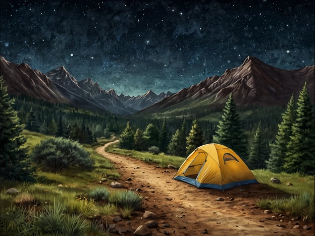 Auf dem Bild ist ein malerisches Camping-Szenario in der Natur zu sehen. Es zeigt ein gelbes Zelt entlang eines Wanderweges, umgeben von einer idyllischen Berglandschaft und vielen Bäumen. Diese Szenerie lädt zahlreiche Aktivitäten für Naturbegeisterte ein, wie zum Beispiel:1. **Wandern**: Der gepflasterte Weg bietet die Möglichkeit, die Umgebung zu erkunden und die Natur zu genießen.2. **Zelten**: Das Zelt ist perfekt für eine Übernachtung unter dem Sternenhimmel.3. **Sternenbeobachtung**: In einer so klaren Nacht kann man den Sternenhimmel beobachten und vielleicht sogar Sternbilder erkennen.4. **Fotografie**: Die beeindruckende Landschaft bietet ideale Motive für Fotografen.5. **Vögel beobachten**: Die Natur ist ein hervorragender Ort, um verschiedene Vogelarten zu beobachten.Insgesamt spiegelt das Bild die Schönheit und Ruhe der Natur wider und lädt dazu ein, aktiv zu werden.