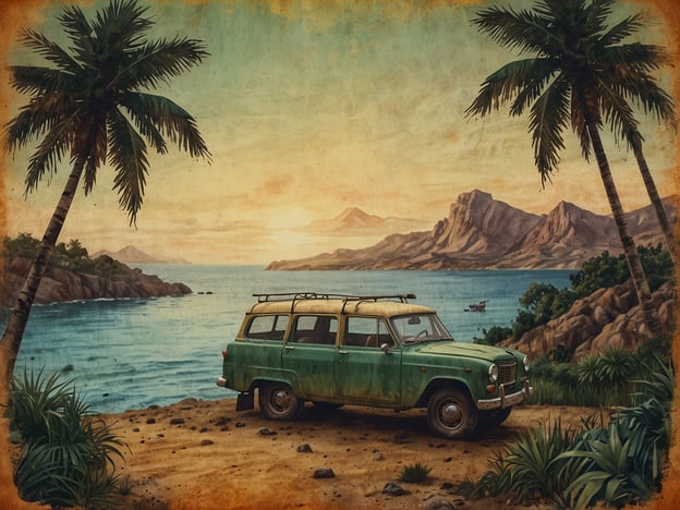 Auf dem Bild ist eine idyllische Küstenlandschaft zu sehen, mit einem alten, grünen Auto, Palmen und einem malerischen Blick auf das Wasser und die Berglandschaft im Hintergrund.Das Bild kann als Symbol für nachhaltigen Tourismus interpretiert werden. Nachhaltiger Tourismus zielt darauf ab, die natürlichen Ressourcen zu schonen und die kulturelle Integrität von Reisezielen zu respektieren. Diese Art des Reisens fördert umweltfreundliche Transportmittel, minimalen Einfluss auf die Umgebung und die Unterstützung lokaler Gemeinschaften.Die Darstellung der Natur in Kombination mit einem Fahrzeug kann auch darauf hinweisen, dass Reisende erkunden können, ohne die Umwelt zu schädigen—eine wichtige Komponente des nachhaltigen Tourismus. Es ist entscheidend, dass Touristen die Schönheit solcher Orte wertschätzen und gleichzeitig Maßnahmen zum Schutz und zur Erhaltung der Natur treffen.