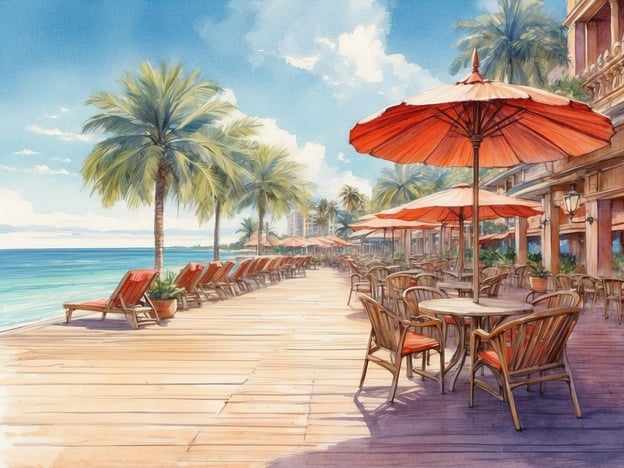 Auf dem Bild ist eine malerische Strandpromenade zu sehen.**Streckenverlauf:**1. **Startpunkt:** Am unteren Rand des Bildes beginnt die Holzplanke der Promenade.2. **Erste Station:** Links sind mehrere rote Liegestühle aufgestellt, die zum Entspannen einladen.3. **Zweite Station:** Weiter rechts stehen runde Tische mit Stühlen, die eine einladende Sitzgelegenheit bieten. Einige Tische sind mit orangenen Kissen ausgestattet.4. **Dritte Station:** In der hinteren Reihe befinden sich Sonnenschirme, die Schatten spenden.5. **Zielpunkt:** Im Hintergrund erstreckt sich das Meer, dessen blaue Farbe sich harmonisch mit dem Himmel verbindet.Die gesamte Szene strahlt eine entspannte Urlaubsatmosphäre aus.