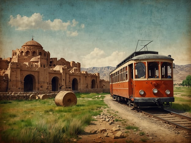 Auf dem Bild ist eine charmante, historische Straßenbahn zu sehen, die an ein beeindruckendes, architektonisches Erbe anschließt. Im Hintergrund erkennt man ein altertümliches, wahrscheinlich religiöses oder kulturelles Gebäude, das mit seinen Rundbögen und Kuppeln an traditionelle Bauweisen erinnert. Diese Art von Architektur spiegelt oft die lokale Geschichte und die kulturellen Einflüsse wider, die über Jahrhunderte hinweg in der Region präsent sind.Die Landschaft mit den grünen Wiesen und Heuballen vermittelt ein Gefühl von ländlicher Tradition und Landwirtschaft, die in vielen Kulturen von großer Bedeutung ist. Solche Szenerien sind oft Teil von regionalen Festen, Märkten oder anderen Gemeinschaftsveranstaltungen, die die lokale Identität und das kulturelle Erbe stärken.Insgesamt zeigt das Bild eine harmonische Verbindung zwischen dem technischen Fortschritt der Straßenbahn und den nach wie vor präsenten traditionellen Elementen der Umgebung.