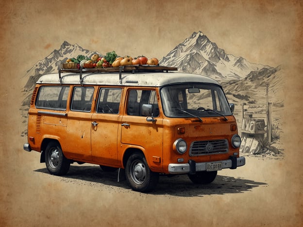 Auf dem Bild ist ein orangefarbener Van zu sehen, der mit frischem Obst und Gemüse auf dem Dach beladen ist. Die Kulisse zeigt eine beeindruckende Berglandschaft, die typisch für die Region Coyhaique in Patagonien ist. Diese Gegend ist bekannt für ihre vielfältige Natur und die Frische der Produkte.Kulinarische Entdeckungen in Coyhaique könnten sich um die Verkostung lokaler Spezialitäten wie frischen Lachs, Wildfleisch und saisonales Obst und Gemüse drehen. Märkte und lokale Restaurants bieten eine großartige Möglichkeit, die Aromen der Region zu erleben und die einzigartige Kultur der chilenischen Patagonien zu entdecken.