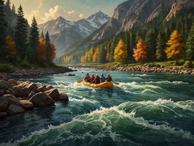 Auf dem Bild ist eine Rafting-Gruppe zu sehen, die in einem Fluss mit strömendem Wasser im Gebirge paddelt. Die Umgebung ist wunderschön mit hohen Bergen im Hintergrund und bunten Bäumen, die auf den Herbst hindeuten.Die ideale Reisezeit für das Rafting-Abenteuer in solch einer Landschaft wäre im späten Frühling bis hin zum frühen Herbst, idealerweise zwischen Mai und September, wenn die Wasserstände optimal sind und das Wetter angenehm für Outdoor-Aktivitäten ist.
