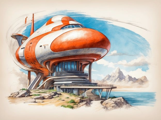 Auf dem Bild ist ein futuristisches Gebäude zu sehen, das an ein Raumschiff erinnert. Es hat eine auffällige rot-weiße Farbgestaltung und steht auf einem Fundament, das über eine Treppe zugänglich ist. Im Hintergrund sind Berge und ein Meer zu erkennen, was auf eine malerische Lage hinweist.**Aktueller Stand:** Solche Designs spiegeln die aktuelle Architektur- und Designtrends wider, die futuristische und organische Formen integrieren. Es gibt bereits ähnliche Konzepte, die Nachhaltigkeit und innovative Materialien in den Vordergrund stellen.**Zukunftsaussichten:** In der Zukunft könnten Gebäude wie dieses eine Reality werden, insbesondere durch Fortschritte in der Technologie und in den Materialien. Sie könnten als umweltfreundliche Wohn- oder Arbeitsräume konzipiert werden, die sowohl ästhetisch ansprechend als auch funktional sind. Es ist denkbar, dass solche Strukturen auch in schwierig zugänglichen Gebieten errichtet werden, um neue Lebensräume zu erschließen.