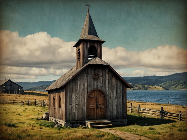 Auf dem Bild ist eine typisch chilenische Holzkirche zu sehen, die zur einzigartigen Architektur von Chiloé gehört. Diese Kirchen zeichnen sich durch ihre Verwendung von Holz, oft aus der heimischen Lenga oder Coihue, aus und sind ein bemerkenswerter Ausdruck der kulturellen Identität der Region.Die Architektur kombiniert einheimische und europäische Einflüsse und präsentiert sich häufig mit einem auffälligen, spitzen Turm. Die harmonische Integration in die natürliche Umgebung, wie hier mit dem Blick auf das Wasser und die sanften Hügel im Hintergrund, macht sie besonders fotogen und eindrucksvoll. Die Holzkirchen von Chiloé sind nicht nur architektonisch bemerkenswert, sondern auch UNESCO-Weltkulturerbe, was ihre kulturelle und historische Bedeutung unterstreicht.