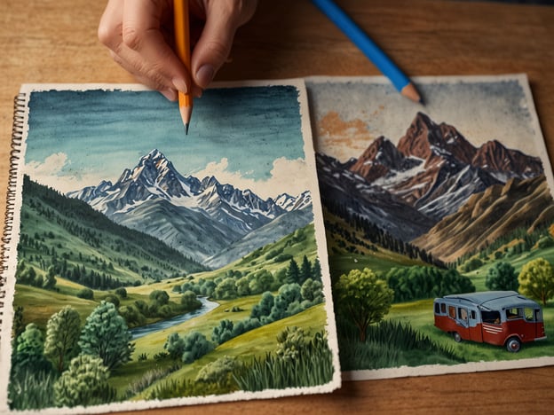 Auf dem Bild sind zwei Zeichnungen zu sehen, die eine schöne Berglandschaft darstellen. In der Zukunft könnten Holzkirchen in dieser idyllischen Umgebung eine wichtige Rolle spielen. Vielleicht werden sie als kulturelle und spirituelle zentrale Orte genutzt, um eine engere Verbindung zur Natur zu fördern.Diese Holzkirchen könnten Schauplätze für Veranstaltungen, Retreats und Gemeinschaftsaktivitäten sein, die den Menschen helfen, die heilsame Kraft der Natur zu erleben. Zudem könnten sie nachhaltig gebaut und in die Landschaft integriert werden, um Umweltbewusstsein zu stärken. Solche Kirchen könnten nicht nur architektonische Meisterwerke sein, sondern auch ein Symbol für harmonisches Zusammenleben von Mensch und Natur in der Zukunft.