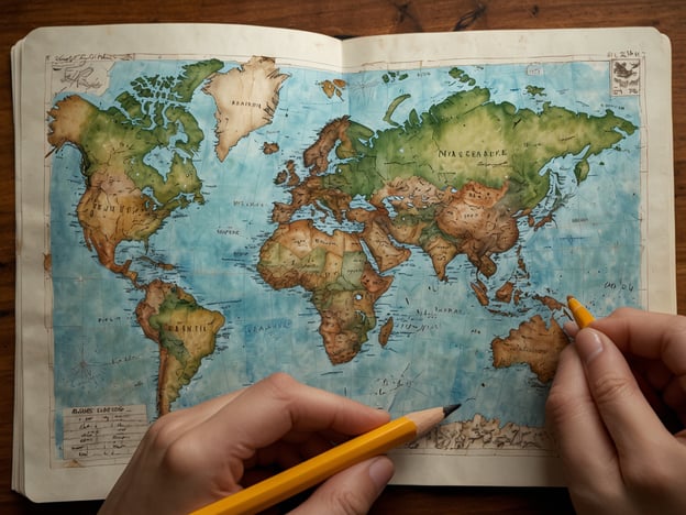 Auf dem Bild ist eine Weltkarte zu sehen, die von Hand gezeichnet und farbig gestaltet ist. Diese Karte könnte als nützliches Werkzeug für die Reiseplanung dienen. Hier sind einige Tipps:1. **Reiseziele auswählen**: Nutzen Sie die Karte, um Länder und Städte zu identifizieren, die Sie besuchen möchten. Denken Sie an Ihre Interessen, wie Kultur, Natur oder Abenteuer.2. **Reiseroute planen**: Zeichnen Sie Ihre gewünschte Route auf der Karte ein. Berücksichtigen Sie dabei die Entfernungen und die Zeit, die Sie für jeden Standort benötigen.3. **Sehenswürdigkeiten markieren**: Notieren Sie besondere Sehenswürdigkeiten oder Aktivitäten, die Sie in jedem Land unternehmen möchten.4. **Transportmittel überlegen**: Überlegen Sie, wie Sie von einem Ort zum anderen gelangen. Informieren Sie sich über verfügbare Verkehrsmittel wie Züge, Busse oder Inlandsflüge.5. **Visum- und Einreisebestimmungen**: Überprüfen Sie die notwendigen Visa oder Einreisebestimmungen für die Länder, die Sie besuchen möchten.Das Verwenden einer handgezeichneten Karte kann Ihnen helfen, eine persönlichere Verbindung zu Ihren Reisezielen herzustellen. Viel Spaß beim Planen!
