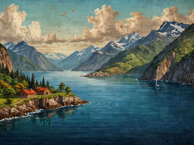 Auf dem Bild ist eine malerische Küstenlandschaft zu sehen, die von Bergen und einem ruhigen Gewässer umgeben ist. Diese Szenerie könnte eine Darstellung der geographischen Gegend um die Magellanstraße sein, eine wichtige Wasserstraße in Südamerika, die zwischen dem Festland und der Feuerland-Insel verläuft.Die Magellanstraße hat eine bedeutende geostrategische Rolle, da sie eine wichtigere Schifffahrtsroute von Europa nach Asien darstellt, besonders vor der Eröffnung des Panamakanals. Sie ermöglicht es Schiffen, das Kap Hoorn zu umfahren und sicherer von einem Ozean in den anderen zu gelangen, was den Handel und die Navigation erheblich verbessert hat. Zudem ist die Magellanstraße reich an biologischer Vielfalt und atemberaubenden Landschaften, was sie zu einem beliebten Ziel für die Schifffahrt und den Tourismus macht.