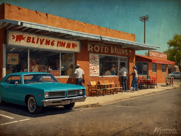 Auf dem Bild ist eine Straßenszene zu sehen, die nostalgische Elemente aus dem mittleren 20. Jahrhundert zeigt. Im Vordergrund steht ein türkisfarbenes Auto, das typischerweise für die amerikanische Automobilkultur dieser Zeit steht. Die gebauten Strukturen mit ihren markanten Farben und Schriften deuten auf ein Diner oder ein kleines Restaurant hin, das typisch für amerikanische Straßenkultur ist.Die Gebäude besitzen ein rustikales, südwestliches Flair, was auf kulturelle Einflüsse der amerikanischen Ureinwohner und der mexikanischen Architektur hinweisen könnte. Solche Diners waren beliebte Anlaufstellen für Reisende, die auf den Straßen der Vereinigten Staaten unterwegs waren. Die Kombination aus Essen und Gemeinschaft spiegelt die soziale Atmosphäre wider, die an diesen Orten entstanden ist, häufig begleitet von lokalen Veranstaltungen oder Musik, was für die Region typisch war.Zusammenfassend zeigt das Bild nicht nur ein historisches Auto und Architektur, sondern auch die kulturelle Verflechtung, die in vielen Städten entlang der amerikanischen Straßen zu finden ist.
