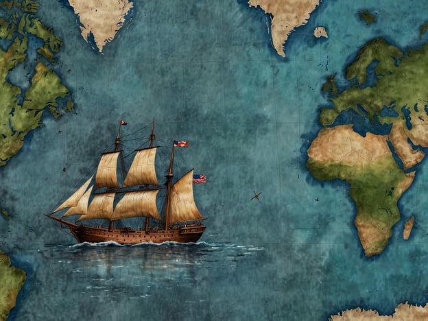 Auf dem Bild ist ein altes Segelschiff zu sehen, das auf einem stilisierten Weltkarten-Hintergrund fährt. Diese Darstellung könnte in Verbindung mit der maritimen Wirtschaft der Magellanstraße stehen.Die Magellanstraße, die zwischen Südamerika und Feuerland verläuft, hat historisch eine wichtige Rolle im internationalen Handel gespielt. Sie bietet eine strategische Verbindung zwischen dem Atlantischen und dem Pazifischen Ozean, was sie zu einer bedeutenden Route für die Schifffahrt machte. Diese Wasserstraße war entscheidend für die Erkundungen im 16. Jahrhundert und hat zur Entwicklung des Handels mit Gütern wie Gold, Silber, und Gewürzen beigetragen, die zwischen Europa und Asien transportiert wurden.