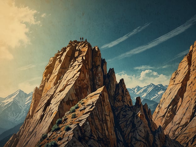 Auf dem Bild ist eine beeindruckende Berglandschaft zu sehen. Eine steile Felsformation erhebt sich majestätisch unter einem strahlend blauen Himmel. Auf der Spitze stehen einige Bergsteiger, die wahrscheinlich den Gipfel erreicht haben und den berauschenden Ausblick genießen.Ein Erlebnisbericht könnte beschreiben, wie diese Bergsteiger den steilen Aufstieg gemeistert haben. Sie würden vielleicht von der Anstrengung und den Herausforderungen erzählen, die sie überwinden mussten, um hier oben zu stehen. Der Moment des Erreichens des Gipfels könnte von einem Gefühl der Erleichterung und des Stolzes begleitet sein, während die Aussicht auf die umliegenden Berge einen überwältigenden Eindruck hinterlässt. Der Wind, der durch die Felsen weht, könnte ein Gefühl von Freiheit und Abenteuer vermitteln, während sie den Lärm der Welt hinter sich lassen.