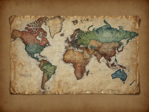 Auf dem Bild ist eine alte Weltkarte zu sehen, die verschiedene Länder und Kontinente farblich darstellt. Die Karte scheint im Stil eines antiken Dokuments gestaltet zu sein, mit einer strukturierten Oberfläche und leicht vergilbtem Papier.### AnreiseUm diese Karte zu nutzen, benötigen Sie möglicherweise typische Reisemittel wie Flugzeuge, Züge oder Autos, je nach Zielregion.### Wichtige InformationenEs könnte hilfreich sein, sich über die geografische Lage und die Besonderheiten der jeweiligen Länder zu informieren, bevor Sie reisen. Planen Sie Ihre Route im Voraus und denken Sie an Visa- und Einreisebestimmungen für die entsprechenden Länder.