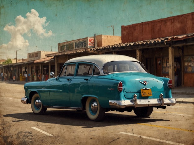 Auf dem Bild ist ein klassisches, turquoise-farbenes Auto zu sehen, das auf einer Straße in einer kleinen Stadt oder einem Dorf fährt. Im Hintergrund befinden sich historische Gebäude, die möglicherweise Geschäfte oder Restaurants beherbergen. Die Szenerie hat einen nostalgischen, retroartigen Charme.**Anreise:**Um diesen Ort zu besuchen, empfehlen sich mehrere Möglichkeiten. Wenn du fliegst, suche nach dem nächstgelegenen Flughafen und miete ein Auto, um die Umgebung besser zu erkunden. Alternativ kannst du mit dem Zug oder Bus anreisen, falls es eine gute Verbindung gibt.**Praktische Tipps:**1. **Parken:** Achte darauf, dass es in der Nähe des Zentrums Parkmöglichkeiten gibt. Frueh ankommen kann hilfreich, um einen guten Platz zu finden.2. **Essen:** Informiere dich über lokale Restaurants im Voraus, um die besten kulinarischen Erlebnisse auszuwählen.3. **Sehenswürdigkeiten:** Plane einige Stopps ein, um die historischen Gebäude und Geschäfte zu erkunden, die die Atmosphäre des Ortes ausmachen.4. **Festen und Veranstaltungen:** Überprüfe den Veranstaltungskalender, falls während deines Besuchs lokale Feste oder Märkte stattfinden.Viel Spaß bei deinem Besuch!