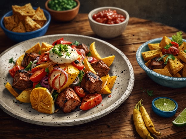 Auf dem Bild ist ein köstliches Gericht zu sehen, das eine bunte Mischung aus verschiedenen Zutaten präsentiert. Es handelt sich um eine Salatvariation mit mariniertem Fleisch, frischem Gemüse wie Tomaten und Zwiebeln sowie knusprigen Tortilla-Chips. Dazu gibt es verschiedene Beilagen, darunter Salsa und Guacamole in kleinen Schälchen.In Calama, einer Stadt in Chile, können solche kulinarischen Entdeckungen sehr geschätzt werden. Lokale Märkte bieten viele frische Zutaten, die sich hervorragend für kreative Gerichte eignen. Das Zusammenspiel von Aromen und Farben in dieser Präsentation spiegelt die vielfältige Gastronomie der Region wider, die traditionelle und moderne Elemente kombiniert.