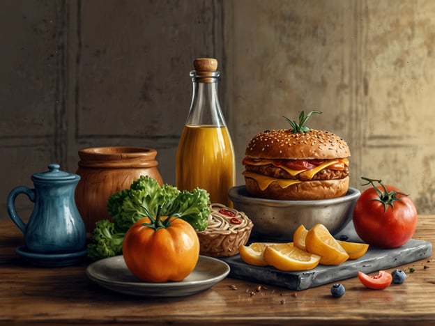 Auf dem Bild sind verschiedene kulinarische Highlights und frische lokale Spezialitäten zu sehen. Im Vordergrund liegt ein saftiger Burger mit Sesambrötchen, der möglicherweise mit Käse und frischen Zutaten zubereitet ist. Um den Burger herum befinden sich leuchtend rote Tomaten, die oft in der mediterranen Küche Verwendung finden, sowie eine orangefarbene Tomate, die wahrscheinlich eine Sorte wie die Ochsenherztomate repräsentiert.Darüber hinaus sieht man einen Teller mit frischen Zitronenscheiben, die einen erfrischenden Akzent setzen. Das grüne Blattgemüse, vermutlich Salat, ergänzt den Burger ideal und sorgt für eine gesunde Note. Der Behälter mit Essig oder Öl könnte auf eine Verwendung in Dressings hinweisen, während die kleine Tasse möglicherweise Gewürze oder Saucen enthält. Diese Anordnung spiegelt die Vielfalt und Frische regionaler Zutaten wider, die in vielen europäischen Küchen geschätzt werden.