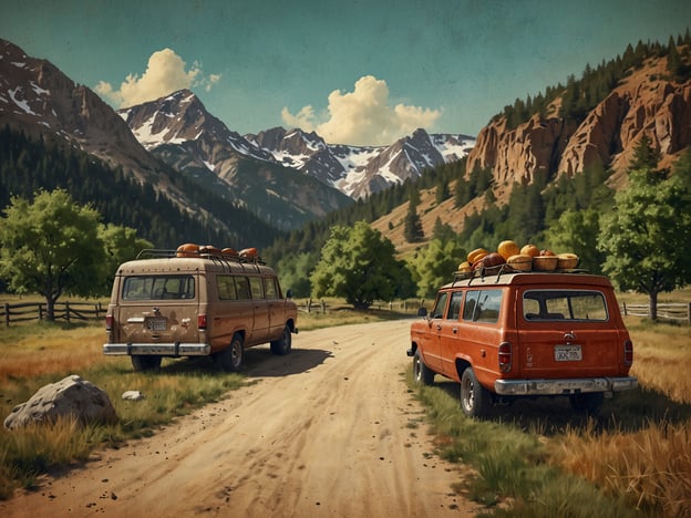 Auf dem Bild sind zwei alte Vans auf einer Schotterstraße in einer malerischen Berglandschaft zu sehen. Diese Szenerie bietet viele Aktivitäten für Einheimische und Touristen, wie zum Beispiel:1. **Wanderungen**: Die umliegenden Berge laden zu ausgedehnten Wanderungen ein, wo man die Natur genießen und atemberaubende Ausblicke erleben kann.2. **Camping**: Die ruhige Umgebung ist ideal für Campingausflüge, um die Nächte unter dem Sternenhimmel zu verbringen.3. **Fotografie**: Die beeindruckende Landschaft bietet zahlreiche Fotomotive, perfekt für Naturliebhaber und Hobbyfotografen.4. **Picknick**: Die Wiesen eignen sich hervorragend für ein entspanntes Picknick mit Freunden und Familie.5. **Fahrradtouren**: Die Umgebung kann auch mit dem Fahrrad erkundet werden, es gibt viele schöne Trails.Diese Aktivitäten ermöglichen es, die Schönheit der Natur voll auszukosten und sich vom Alltagsstress zu erholen.