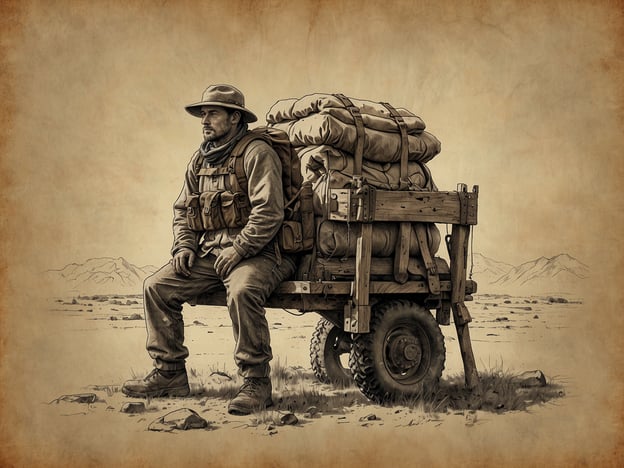 Auf dem Bild ist ein Abenteurer zu sehen, der auf einem Wagen sitzt, der mit Gepäck beladen ist. In der wüstenähnlichen Landschaft könnte er auf Expedition sein, um neue Regionen zu erkunden. Mögliche Aktivitäten sind:1. **Wanderungen in entlegene Gebiete**: Er könnte sich auf eine lange Wanderung durch unberührte Natur vorbereiten.2. **Wildnis-Erkundung**: Durch das Tragen von Ausrüstung könnte er Materialien für das Überleben in der Wildnis sammeln.3. **Fotografie der Landschaft**: Er könnte die atemberaubende Szenerie und Flora fotografieren.4. **Sternenhimmelbeobachtungen**: In einer abgelegenen Gegend kann man nachts den klaren Himmel und die Sterne bewundern.Der Abenteurer ist bereit, neue Herausforderungen zu meistern und unentdeckte Orte zu erkunden.