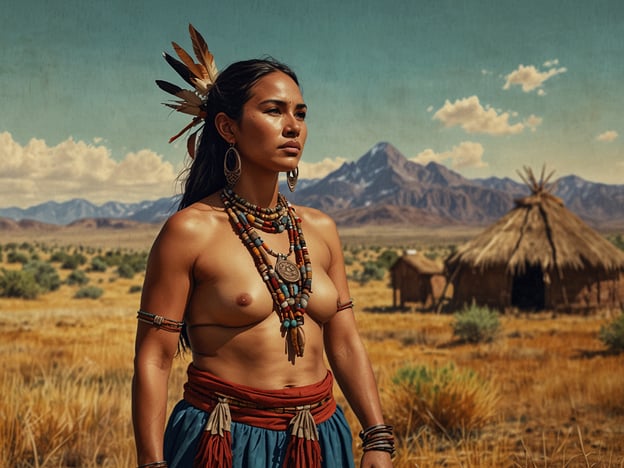 Das Bild zeigt eine Person in traditioneller indigenen Kleidung vor einer natürlichen Landschaft, die an einen Nationalpark erinnert. Nationalparks haben oft eine tiefgehende kulturelle Bedeutung, da sie nicht nur Naturschutzgebiete sind, sondern auch Orte, die das Erbe und die Traditionen indigener Völker bewahren.In vielen Fällen stellen sie die Verbindung zwischen diesen Gemeinschaften und ihrem Land dar, das oft eine zentrale Rolle in ihrer Spiritualität und ihrem Alltag spielt. Dieses Bild könnte die Schönheit und die kulturellen Wurzeln der indigenen Bevölkerung in der Umgebung eines Nationalparks symbolisieren, indem es sowohl die natürliche Pracht der Landschaft als auch die kulturelle Identität der Menschen in dieser Region hervorhebt.