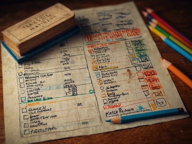 Auf dem Bild ist ein Blatt Papier mit einer Liste und verschiedenen handschriftlichen Notizen sowie einem Stempel zu sehen. Die Liste scheint eine Art Checkliste oder Planung zu sein, eventuell für eine Veranstaltung oder ein Projekt. Es gibt mehrere Kästchen zum Abhaken, was darauf hindeutet, dass Aufgaben oder Elemente erfasst werden.**Praktische Tipps für deinen Besuch:**1. **Notizen mitbringen:** Falls du etwas Ähnliches planst, bringe einen eigenen Notizblock oder eine Checkliste mit, um deine Gedanken festzuhalten.2. **Stempel oder Markierungen:** Überlege, ob du Stempel oder farbige Markierungen nutzen möchtest, um wichtige Punkte hervorzuheben.3. **Planung:** Plane im Voraus, welche Punkte für dich wichtig sind, damit du deine Aufgaben effizient abarbeiten kannst.4. **Kreativ sein:** Nutze farbige Stifte, um deine Notizen anschaulicher zu gestalten – das kann bei der Organisation helfen.5. **Ruhiger Ort:** Suche dir einen ruhigen Platz für spannende Planungen oder kreative Prozesse, damit du konzentriert arbeiten kannst.