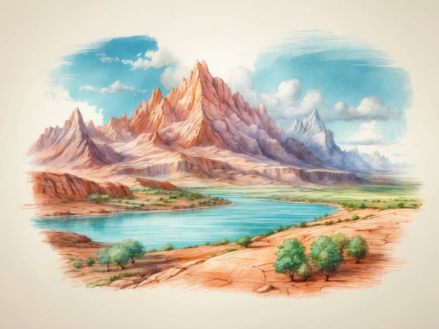 Auf dem Bild ist eine eindrucksvolle Landschaft zu sehen, die von majestätischen Bergen geprägt ist. Der Blick fällt auf eine weite, hügelige Fläche, die in sanften Erdtönen gehalten ist, und einen klaren, blauen Fluss, der sich durch das Tal schlängelt. Umgeben von üppigem Grün, scheinen kleine Bäume dem Szenario Leben einzuhauchen.**Die Geschichte des Aussichtsturms** könnte in dieser Szenerie platziert werden, indem der Turm auf einem der Gipfel errichtet wird. Von dort aus könnte der Wachmann die Schönheit der Landschaft bewundern und den Horizont über den majestätischen Bergen und dem glitzernden Wasser im Fluss im Blick haben. Der Ausblick vom Turm würde all jene inspirieren, die den Aufstieg wagen, und ihnen die Geschichten von alten Zeiten und der Natur erzählen, die hier seit Ewigkeiten besteht.