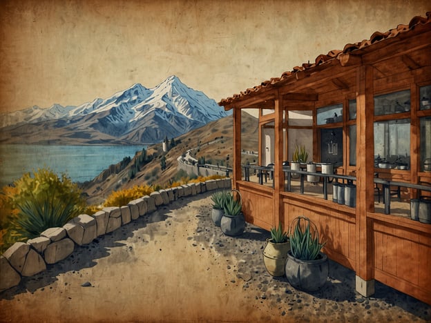 Das Bild zeigt eine malerische Landschaft mit einem Holzgebäude, das möglicherweise ein Restaurant oder eine Gaststätte ist. Im Vordergrund sieht man eine gepflasterte Straße, die von einer Steinmauer gesäumt wird, und einige Töpfe mit Pflanzen. Im Hintergrund erheben sich majestätische Berge, die mit Schnee bedeckt sind, und ein See erstreckt sich in der Nähe.In einer kulinarischen Entdeckungsreise durch Chile könnte ein solches Ambiente ein ideales Setting für die Vorstellung typischer Spezialitäten bieten. Man würde vielleicht traditionelle chilenische Gerichte genießen, wie empanadas, pastel de choclo oder asado, während man die atemberaubende Aussicht auf die Natur und die Berge bewundert. Solche Orte laden dazu ein, die schmackhafte chilenische Küche in einer eindrucksvollen Umgebung zu erleben.