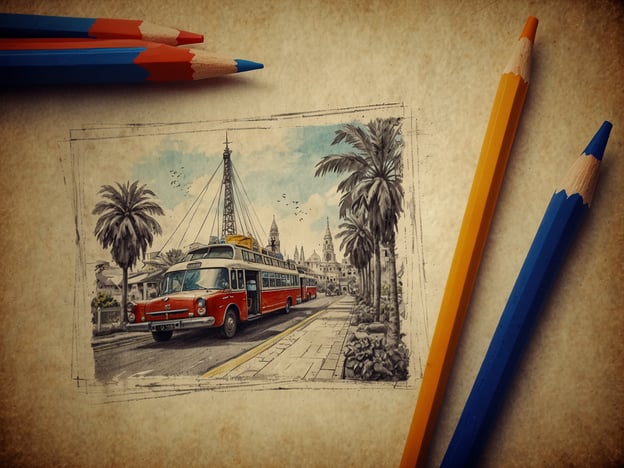 Auf dem Bild ist eine künstlerische Darstellung eines roten Busses, der an einer Straßenkante mit Palmen und einem architektonischen Hintergrund zu sehen ist, der an eine europäische Stadt erinnert.**Reisetipps für deinen Besuch:**1. **Öffentliche Verkehrsmittel:** Nutze den Bus oder die Straßenbahn, um die Stadt bequem zu erkunden. Die Fahrt mit einem historischen Bus kann eine charmante Erfahrung sein.2. **Stadtviertel erkunden:** Plane Zeit ein, um die verschiedenen Stadtviertel zu entdecken, einschließlich lokaler Märkte und Restaurants, um die regionalen Köstlichkeiten zu probieren.3. **Kulturelle Attraktionen:** Besuche Museen, historische Gebäude und andere Sehenswürdigkeiten. Informiere dich im Voraus über Sonderausstellungen oder Veranstaltungen.4. **Spaziergänge:** Genieße Spaziergänge entlang der Uferpromenade oder durch Parks, die oft malerische Ausblicke bieten.5. **Fotomöglichkeiten:** Halte immer deine Kamera bereit, besonders an Orten mit interessanter Architektur oder schönen Landschaften.6. **Lokale Führungen:** Ziehe in Betracht, an geführten Touren teilzunehmen, um tiefere Einblicke in die Geschichte und Kultur der Stadt zu erhalten.Viel Spaß bei deinem Besuch!
